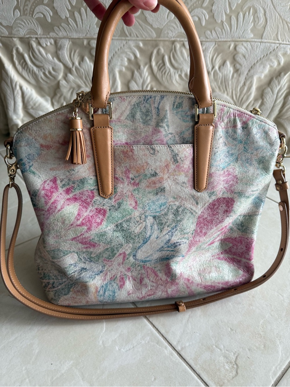 Brahmin Multicolor Floral Satchel with Tan Handles - Picture 5 of 7